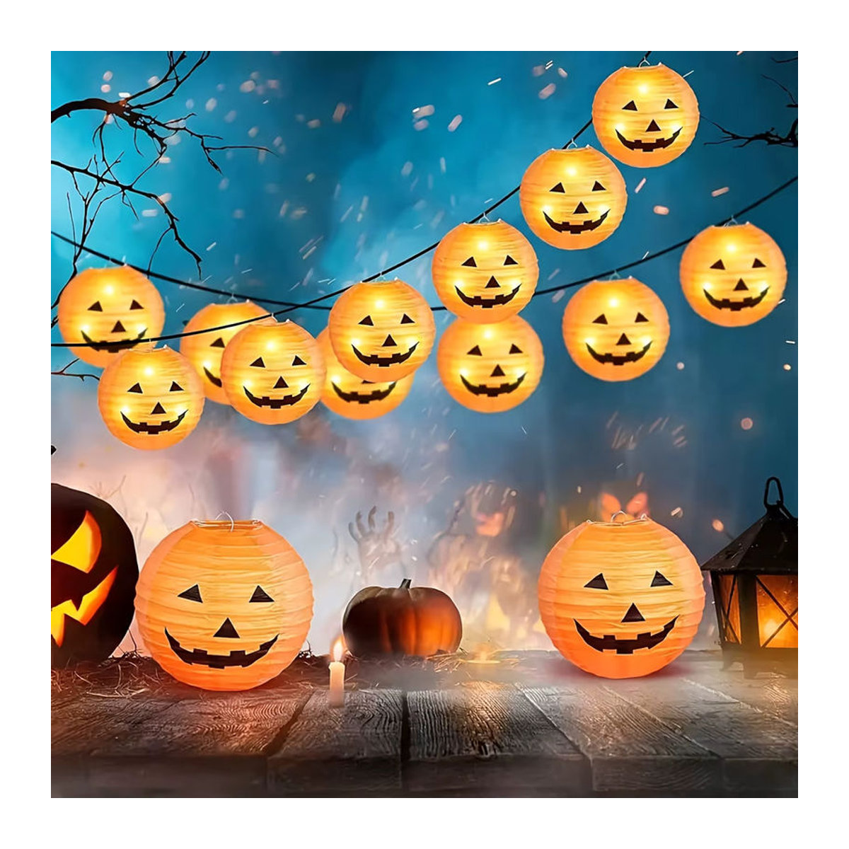 5-teiliges Halloween-Laternen-Set mit bösem Kürbiskopf und orangefarbenen Taschentuch-Pompons zur hängenden Dekoration - Bild 6