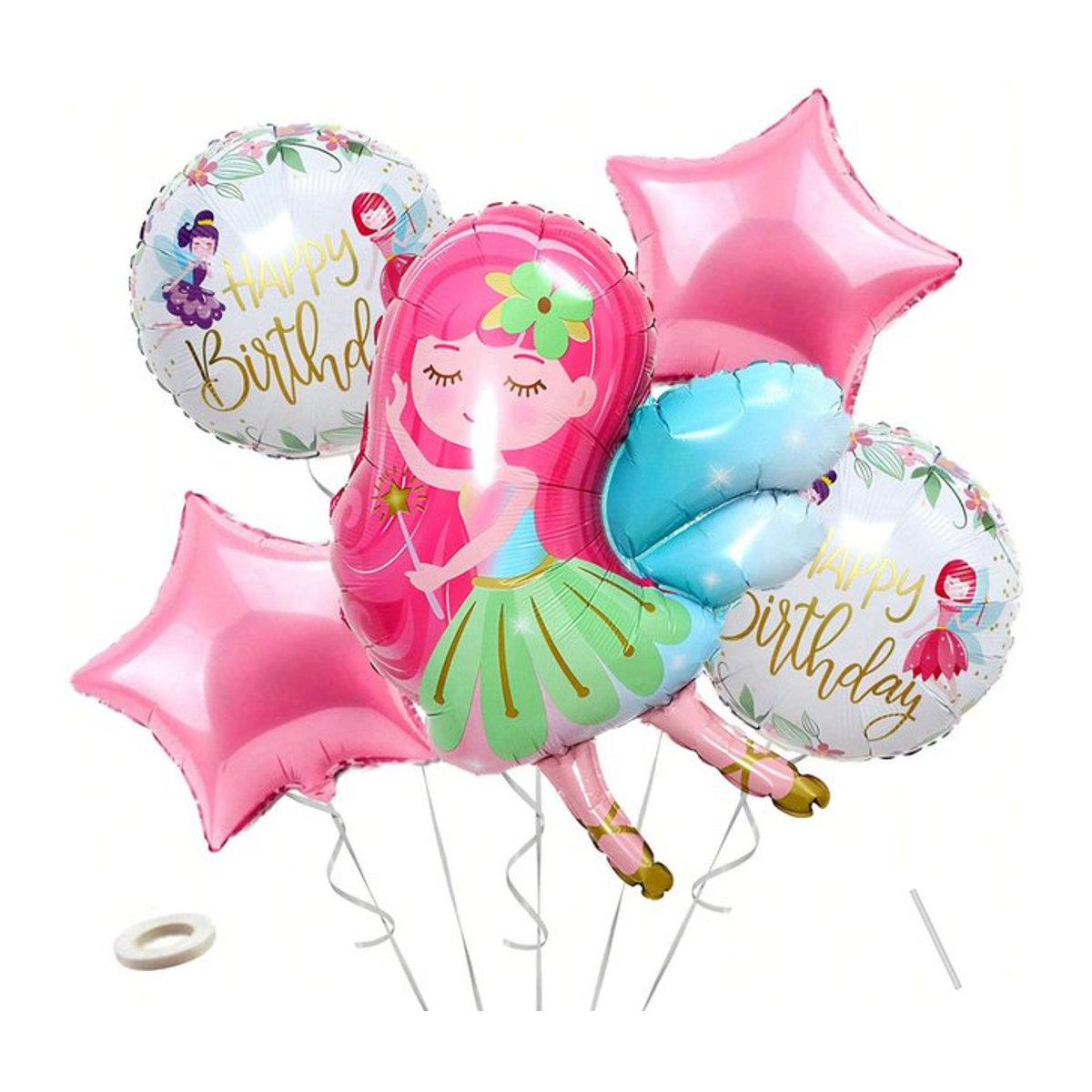 5-teiliges Mylar-Ballon-Set für Kindergeburtstage mit Blumen-Wunderland- und Fee-Motiv in Rosa - Bild 1