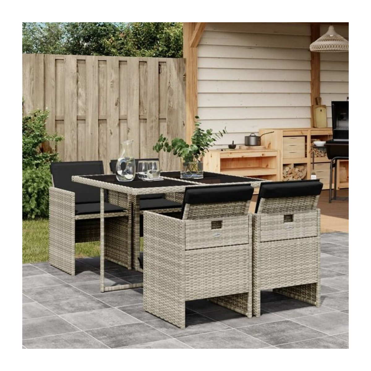 5-tlg. Garten-Essgruppe aus Poly-Rattan mit Kissen und Glastisch in Anthrazit von vidaxl - Bild 1