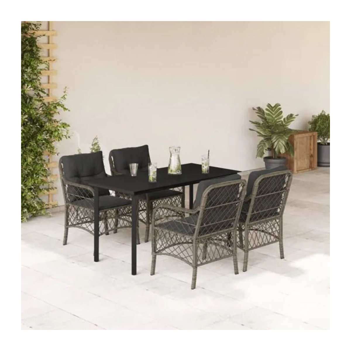 5-tlg. Gartenmöbel-Set aus Polyrattan mit Glasplatte und Kissen in Grau und Schwarz von vidaxl - Bild 1