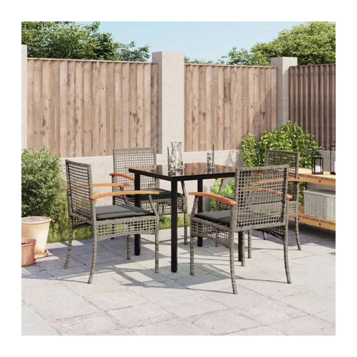 5-tlg. Gartenmöbel-Set Vidaxl aus Polyrattan mit Kissen und Glas, Grau - Bild 1