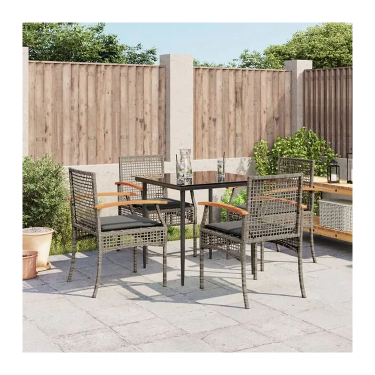 5-tlg. Gartenmöbel-Set Vidaxl aus Polyrattan mit Kissen und Glas, Grau - Bild 1