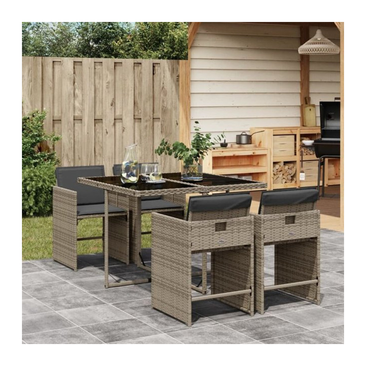 5-tlg. Gartenmöbel-Set Vidaxl aus Polyrattan und Glas in Grau mit Kissen - Bild 1