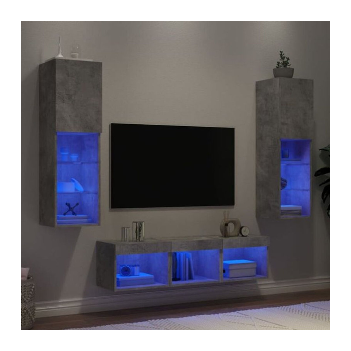 5-tlg. moderne Wohnwand mit LED-Beleuchtung von Vidaxl in Betongrau aus Holzwerkstoff und Glas als TV-Schrank - Bild 1