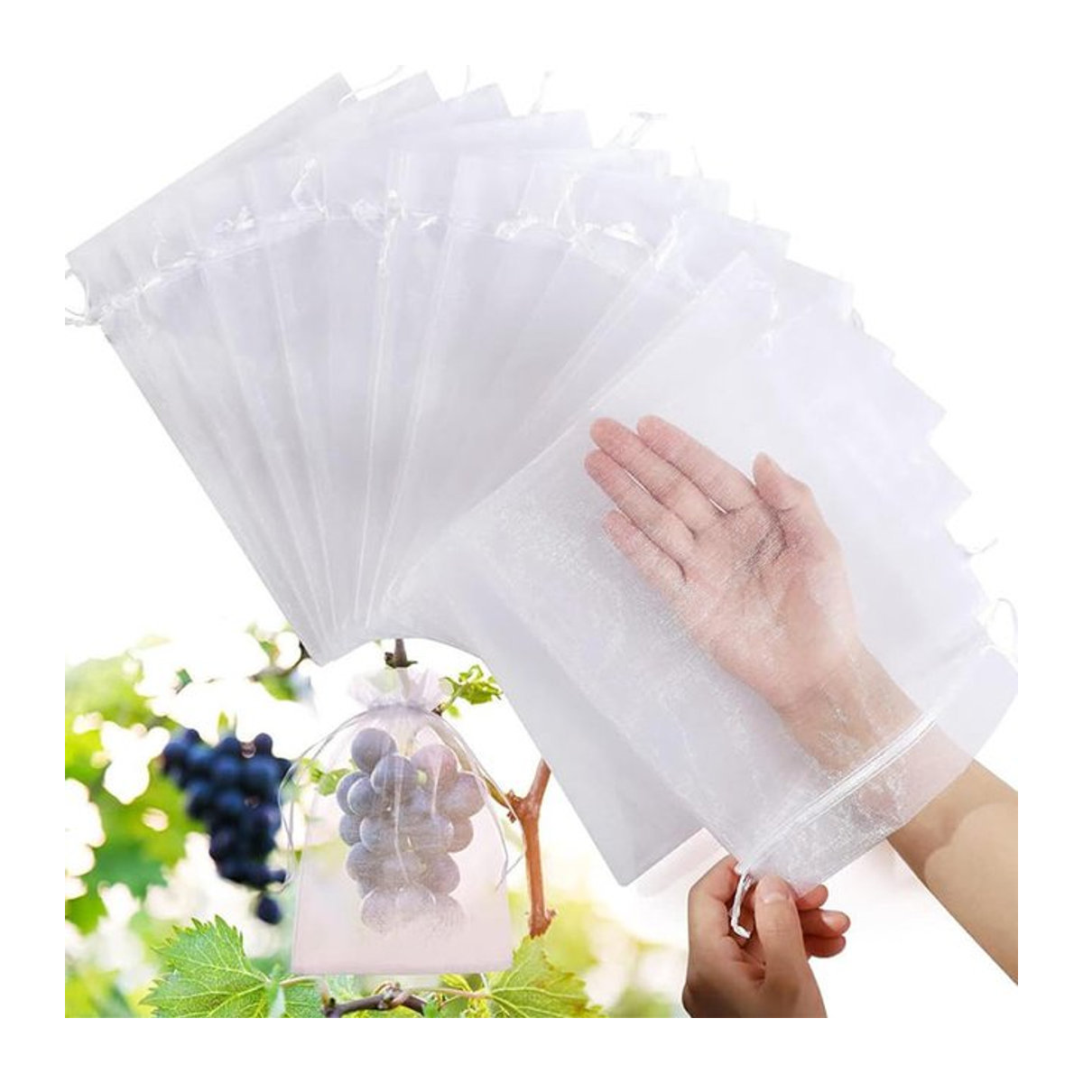 50/100 Stück Obstschutz Netztaschen mit Kordelzug zur Schädlingsbekämpfung für Trauben und Erdbeeren, wiederverwendbare Mesh Taschen zum Obstwachsen - Bild 1