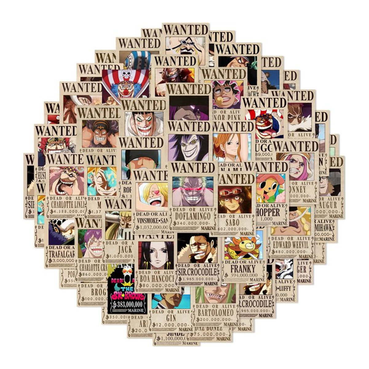 50 Stück Anime One Piece Wanted Poster Aufkleber von Bandai in Mehrfarbig für Laptop, Koffer und Wanddekoration - Bild 1