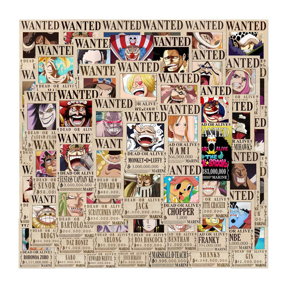 50 Stück Anime One Piece Wanted Poster Aufkleber von Bandai in Mehrfarbig für Laptop, Koffer und Wanddekoration - Bild 2
