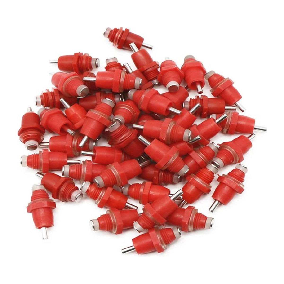 50 Stück automatische Nippeltränke und Futterspender für Hühner, Wachteln und Vögel aus Kunststoff in Rot - Bild 1