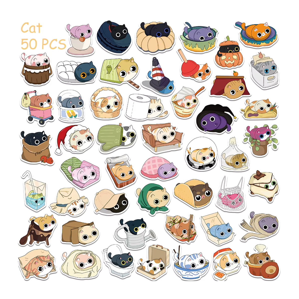 50 Stück Cartoon Katze Aufkleber, mehrfarbig, wasserfeste DIY Sticker für Telefon, Laptop und Kühlschrank - Bild 4