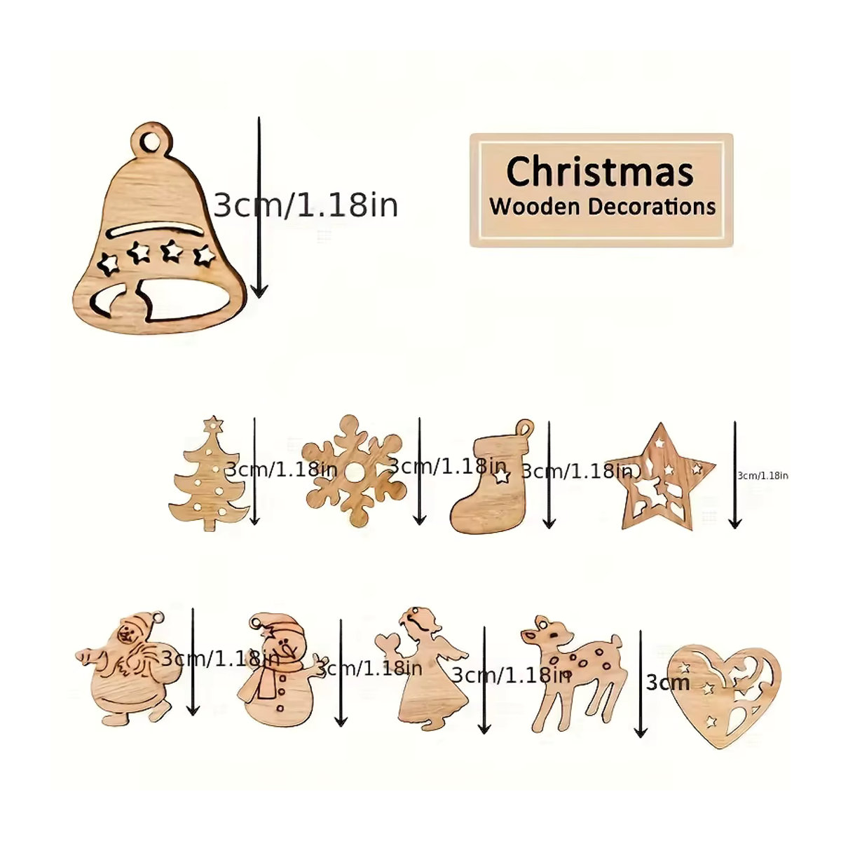 50 Stück DUTRIEUX Weihnachtsschmuck aus Holz in Beige, Skandinavischer Hängeornament Set mit Rentier, Schneeflocke und Schneemann für deine festliche Dekoration - Bild 2