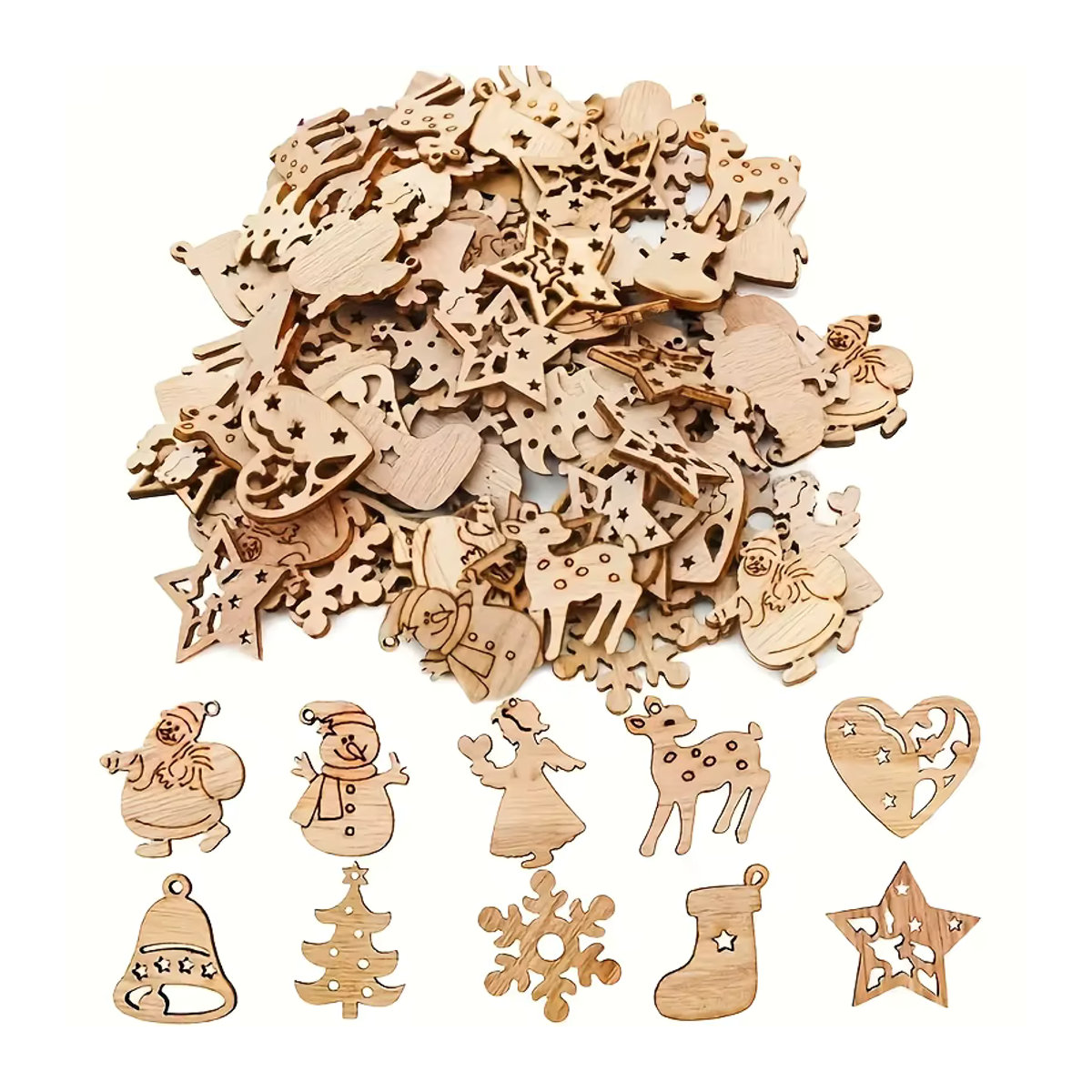 50 Stück DUTRIEUX Weihnachtsschmuck aus Holz in Beige, Skandinavischer Hängeornament Set mit Rentier, Schneeflocke und Schneemann für deine festliche Dekoration - Bild 4