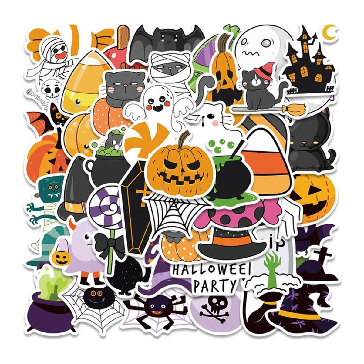 50 Stück Halloween Aufkleber Set mit lustigen Cartoon Kürbis und Geist Motiven in Mehrfarbig zur Dekoration von Laptop und Kühlschrank - Bild 1