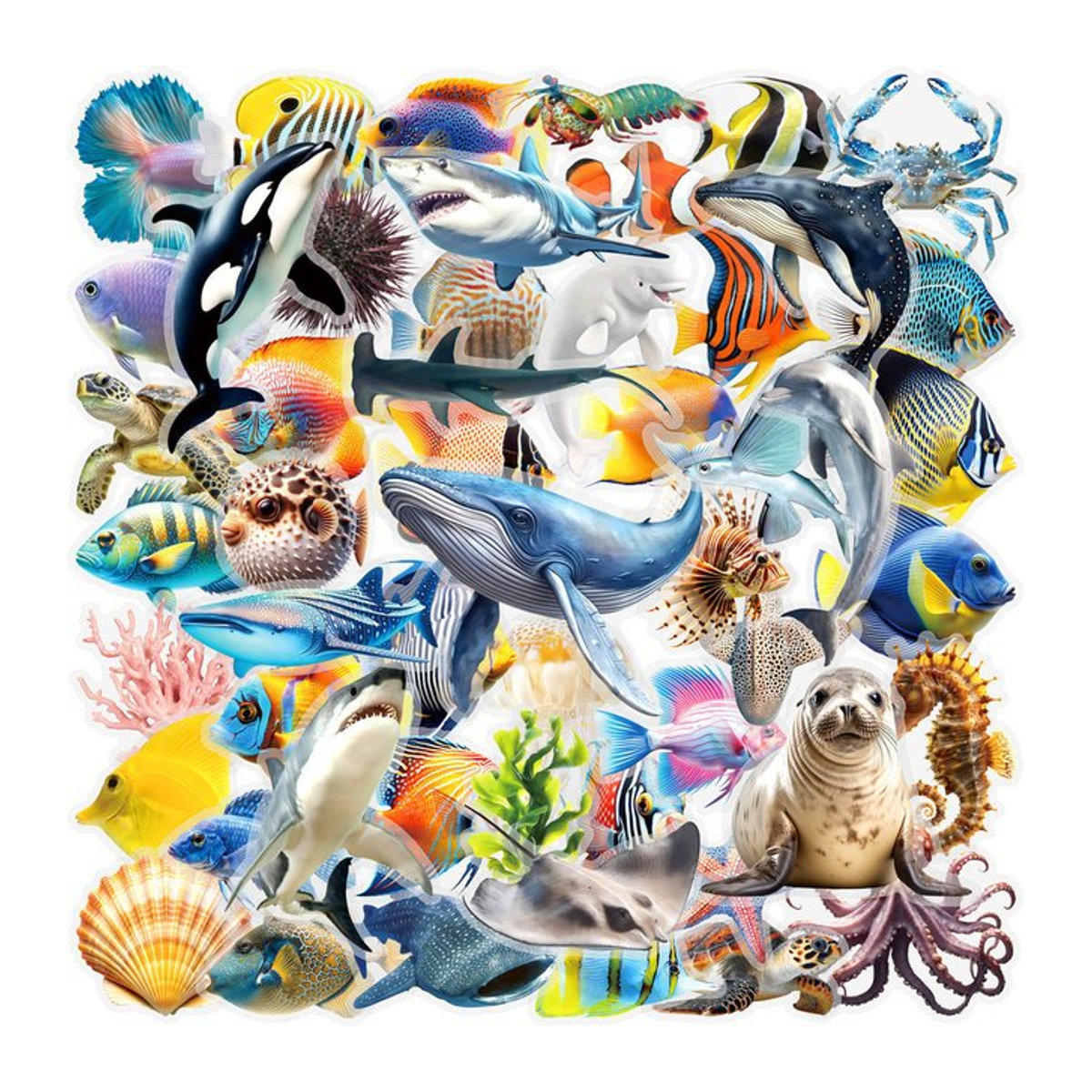 50 Stück transparente Meerestier-Graffiti-Aufkleber aus PET, wasserfeste maritime Sticker für Bücher und Wände, mehrfarbig - Bild 1