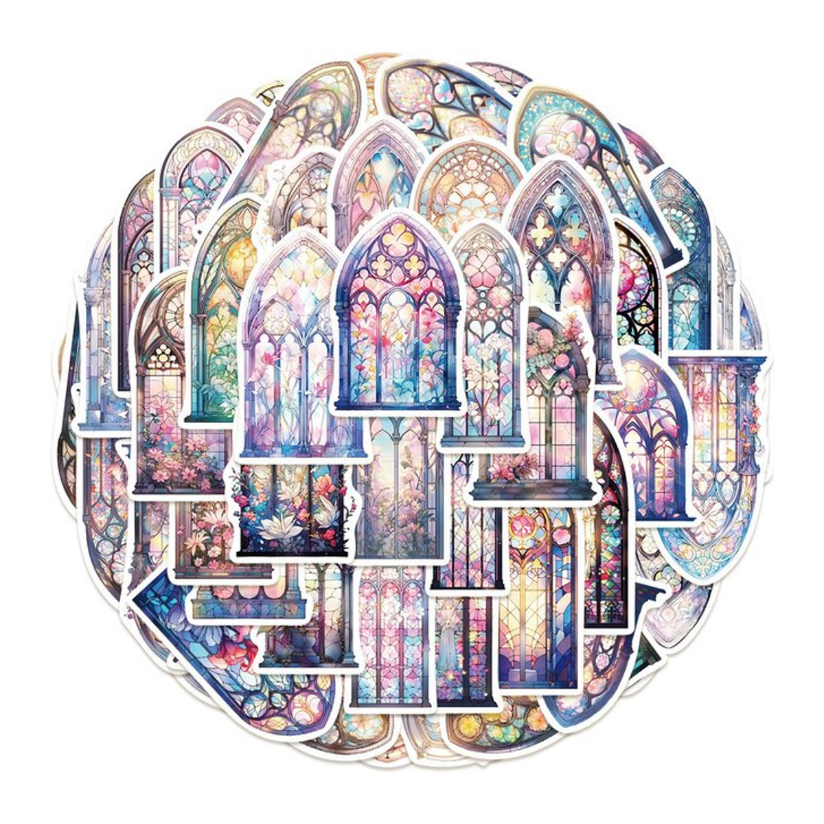 50-teiliges Set wasserfeste Kirchenfensteraufkleber im Vintage-Stil von BulingBulingStickers Store, mehrfarbig und floral für DIY-Dekorationen - Bild 1
