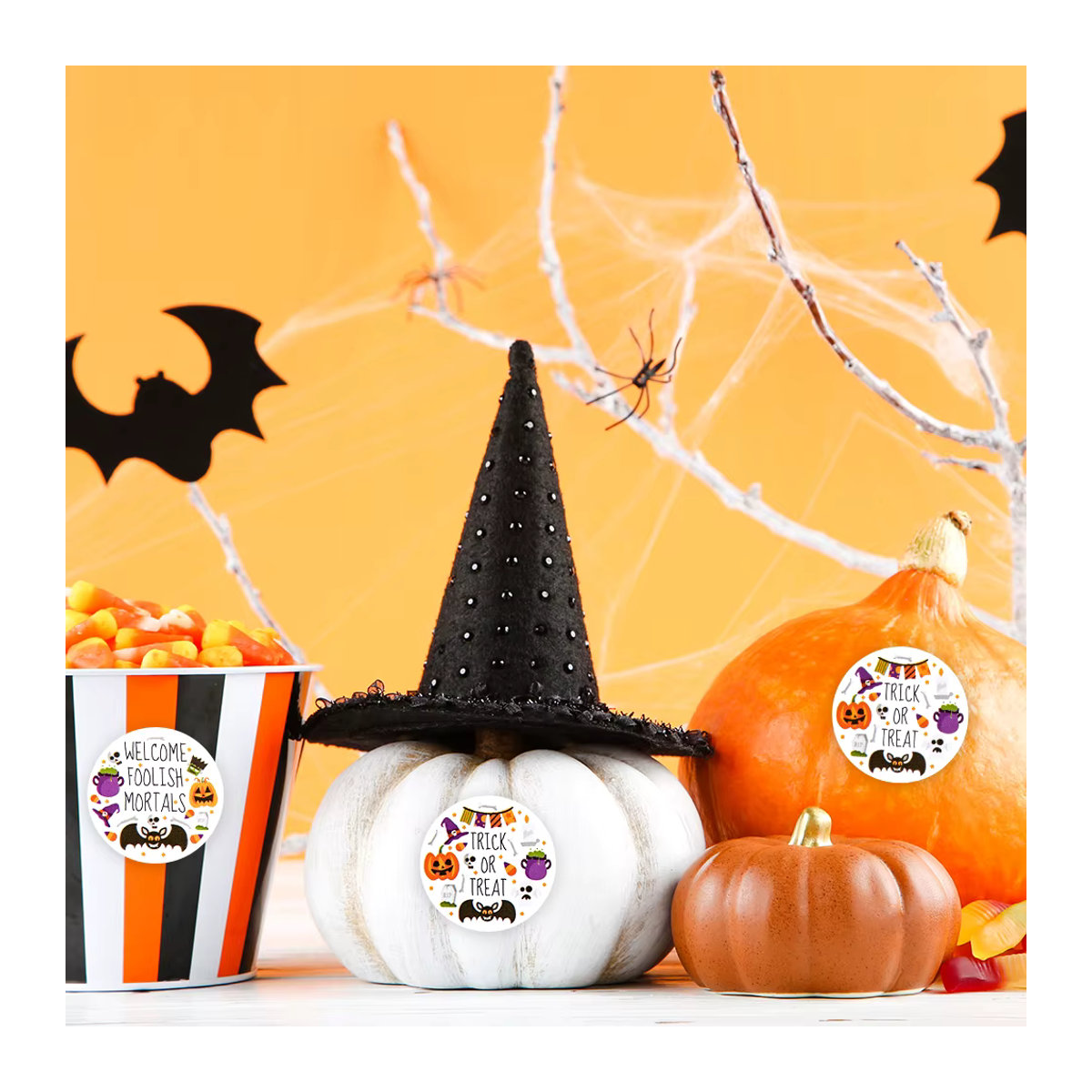 500 Stück Halloween Aufkleber Rollen von cyuan mit Kürbis, Fledermaus, Spinne und Geist in Mehrfarbig für Kinder Party Deko und Candy Bag Versiegelung - Bild 4