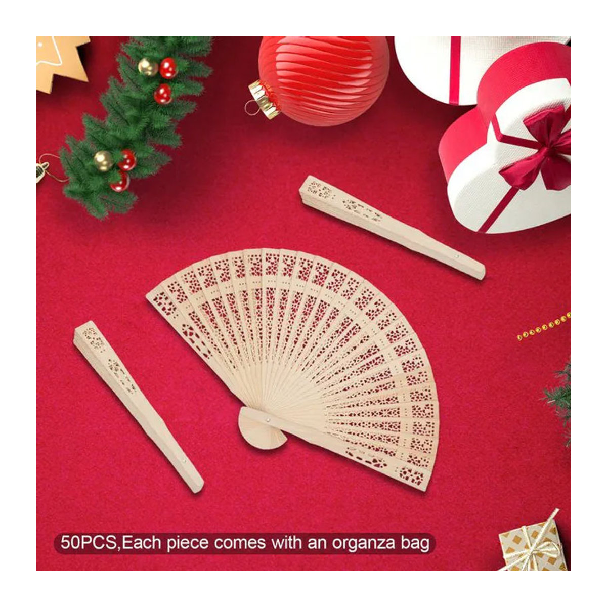 50er Set Bymaocar Faltbare Holzventilatoren im Orientalischen Stil mit Floralem Design, Tragbare Handfächer für Damen in Braun und Beige - Bild 1