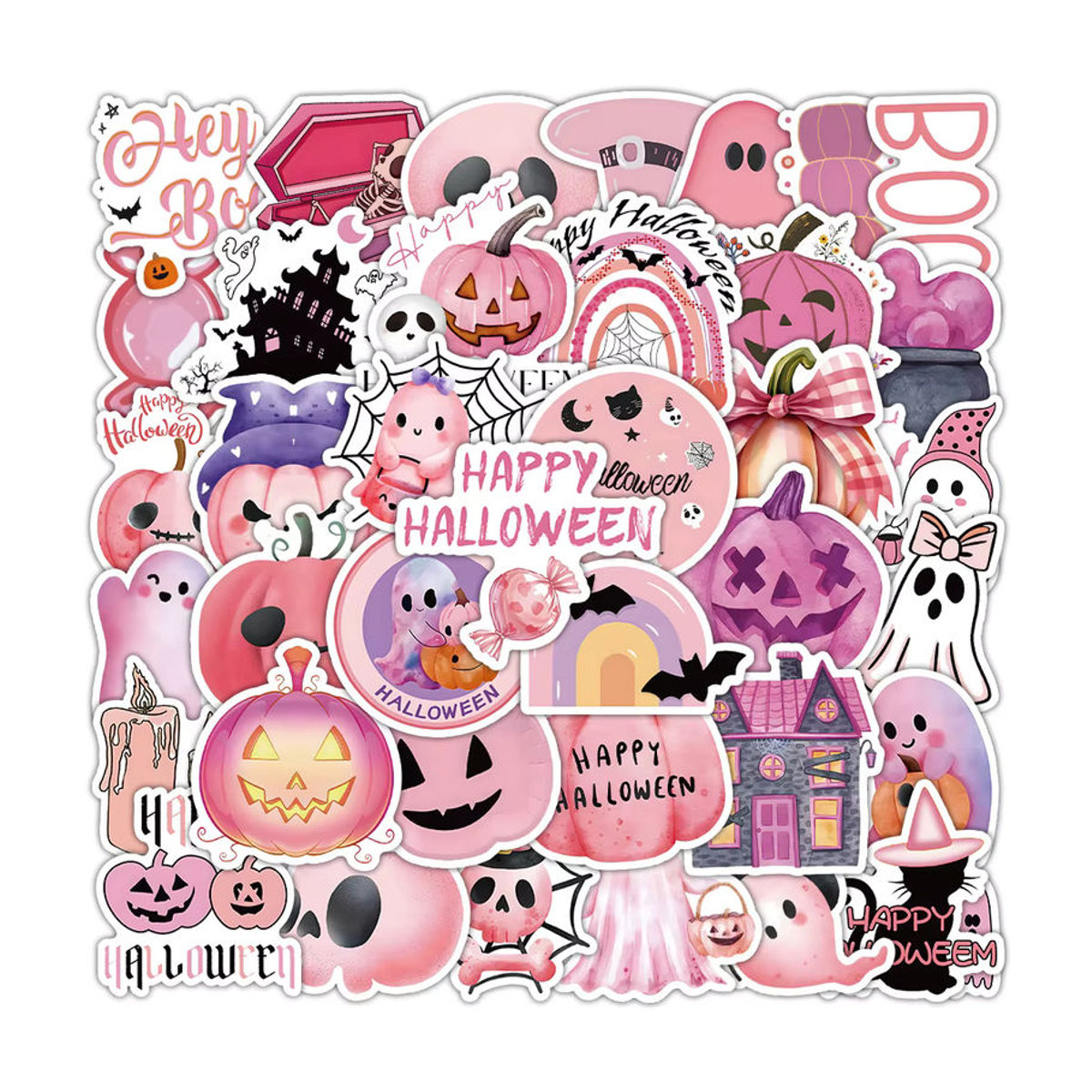 52 Stück Halloween Aufkleber in Rosa, wasserfeste DIY Dekoration mit Kürbis-Motiven für Party und Bastelarbeiten - Bild 6