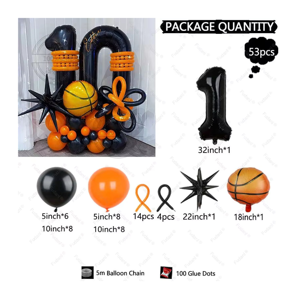 53 Stück Basketball Sport Themen Luftballon Set von Hot Toys in Schwarz mit Folienballons und Zahlen 1-9 für Kindergeburtstage - Bild 2