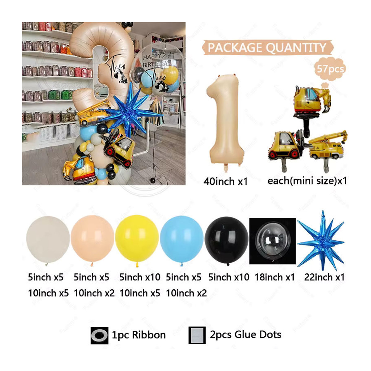 57 Stück Bagger-Zahlenballons aus Kunststoff in Braun und Beige für Kindergeburtstag-Dekorationen - Bild 2