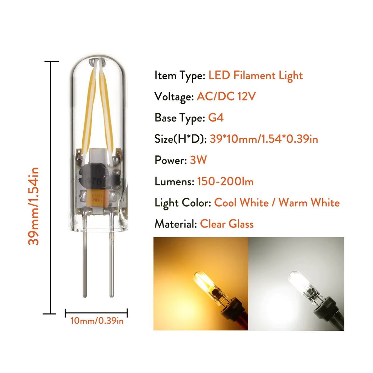 5er Set aoyuansea G4 LED Glühbirnen aus Glas, 12V AC/DC, 3W, wählbare Farbtemperaturen 3000K Warmweiß oder 6000K Kaltweiß - Bild 3