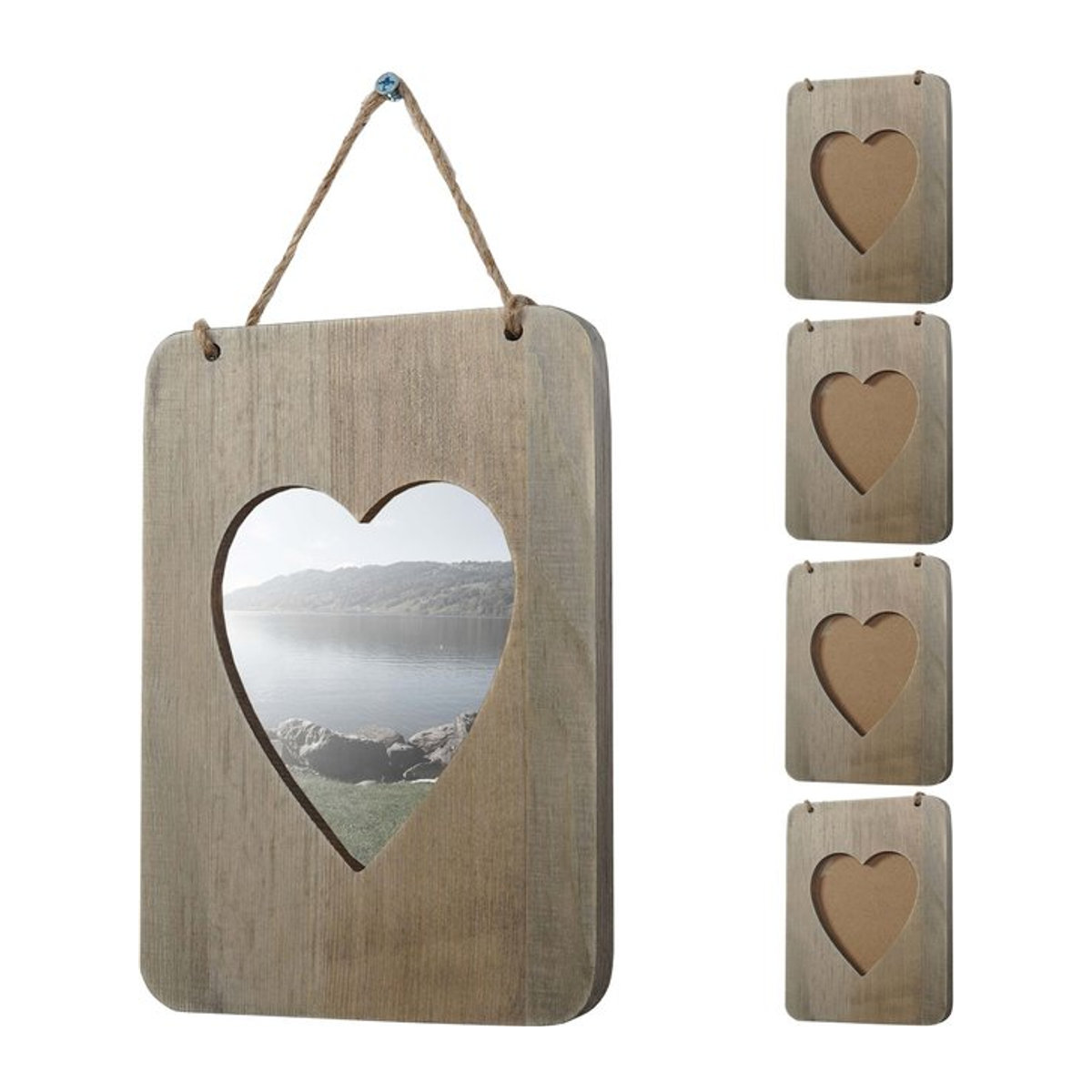5er-Set Bilderrahmen Kranj von MCW aus Holz in Braun im Landhaus-Stil mit Herz-Motiv für die Wandmontage - Bild 1