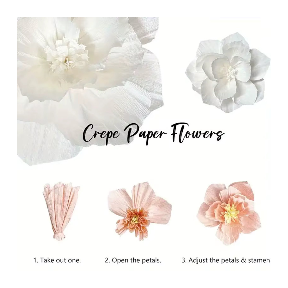 5er-Set künstliche Papierblumen aus Krepppapier in Rosa und Weiß für Wanddekoration bei Hochzeiten, Geburtstagen oder Babypartys - Bild 4