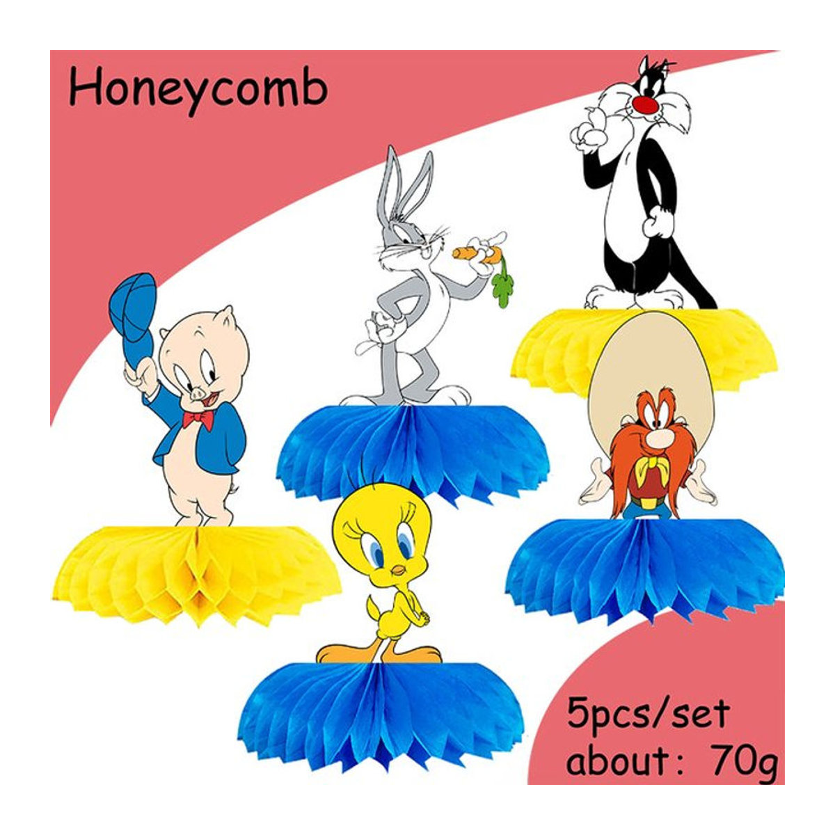 5er Set Looney Tunes Waben-Tischdekoration aus Papier, mehrfarbige Party-Ornamente für Kindergeburtstage von Warner Bros. - Bild 1