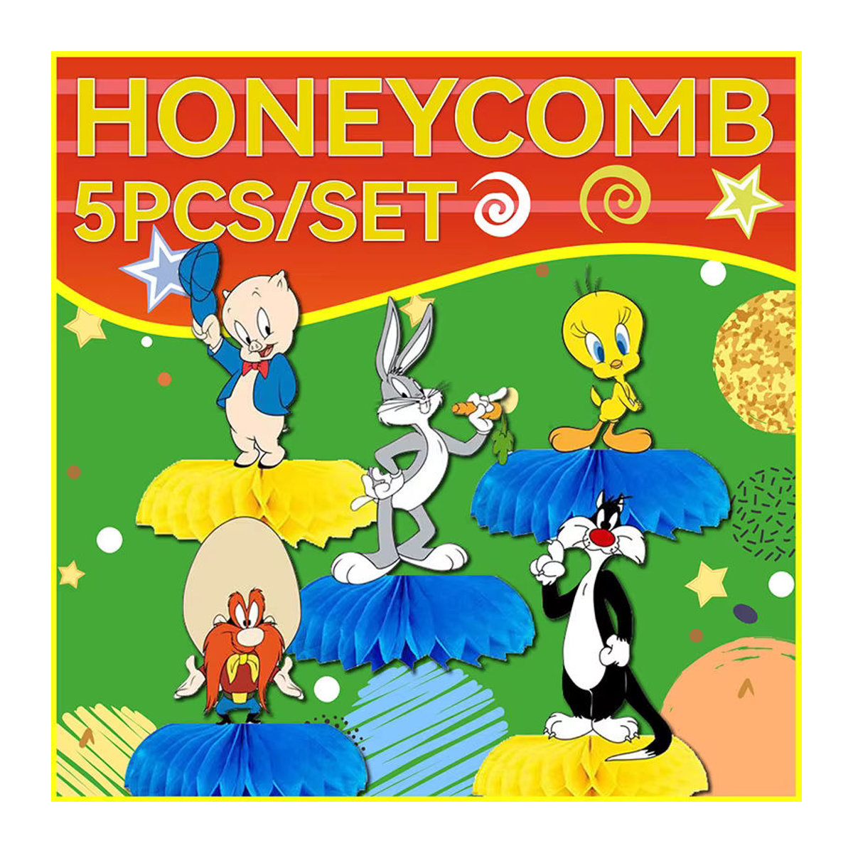 5er Set Looney Tunes Waben-Tischdekoration aus Papier, mehrfarbige Party-Ornamente für Kindergeburtstage von Warner Bros. - Bild 3