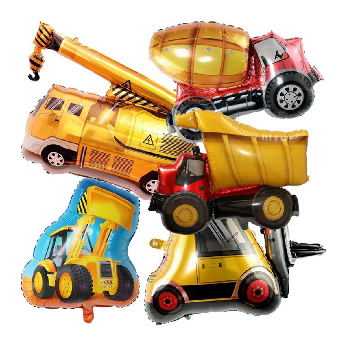 5er Set Luftballons mit Bau-Motiven wie Bagger, Kran und Gabelstapler in Mehrfarbig für Kindergeburtstage von LQVYI - Bild 1