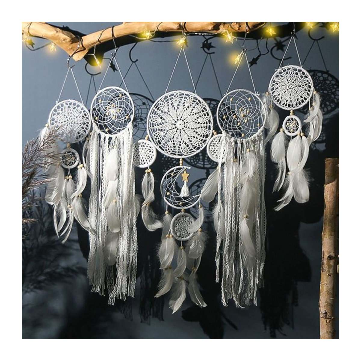 5er Set myhome Traumfänger in Weiß mit Mond-Motiv und Federn als Boho Wanddekoration - Bild 1