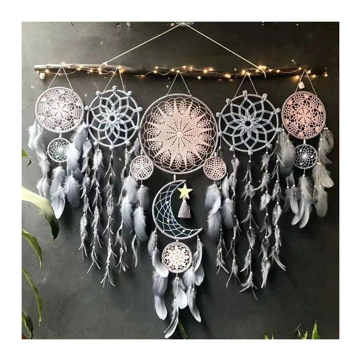 5er Set myhome Traumfänger in Weiß mit Mond-Motiv und Federn als Boho Wanddekoration - Bild 2