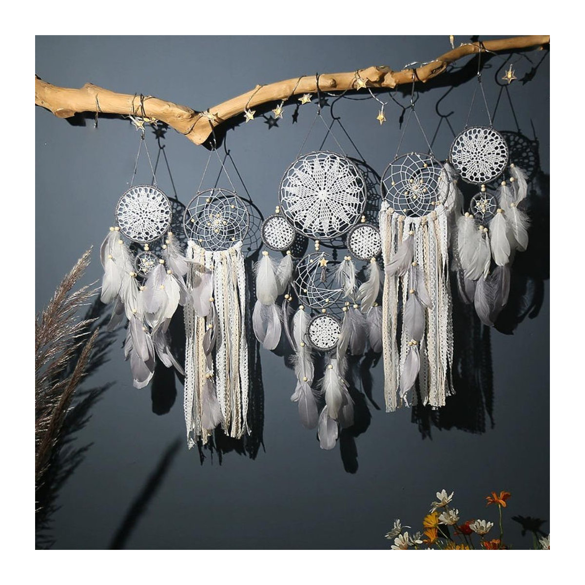 5er Set myhome Traumfänger in Weiß mit Mond-Motiv und Federn als Boho Wanddekoration - Bild 3