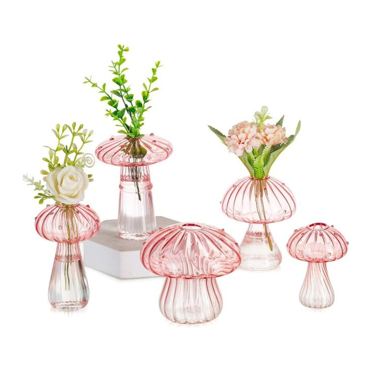 5er Set Pilzförmige Glasvasen für Schnittblumen in Rosa und Transparent, Moderne Dekovasen für dein Zuhause - Bild 1
