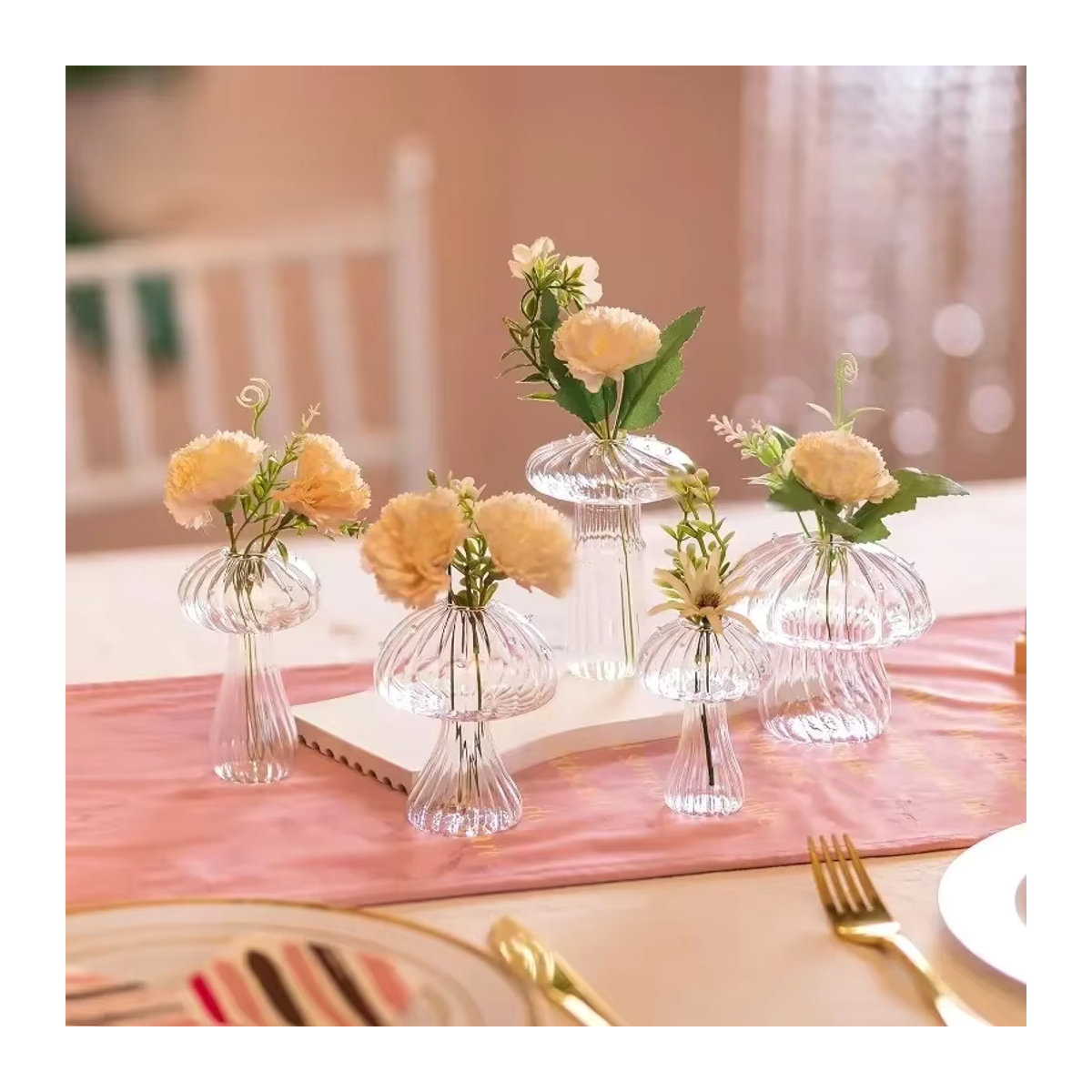 5er Set Pilzförmige Glasvasen für Schnittblumen in Rosa und Transparent, Moderne Dekovasen für dein Zuhause - Bild 2