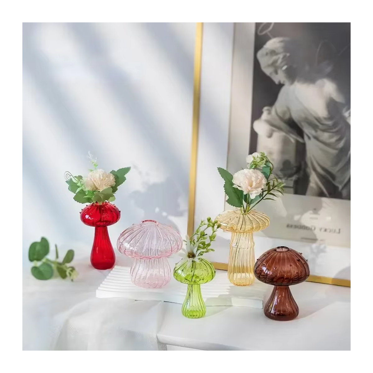 5er Set Pilzförmige Glasvasen für Schnittblumen in Rosa und Transparent, Moderne Dekovasen für dein Zuhause - Bild 3