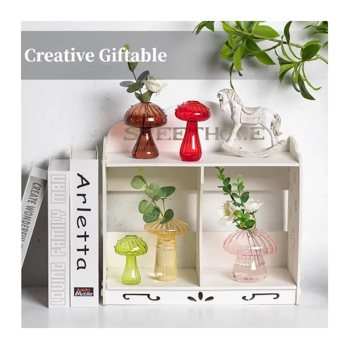5er Set Pilzförmige Glasvasen für Schnittblumen in Rosa und Transparent, Moderne Dekovasen für dein Zuhause - Bild 4