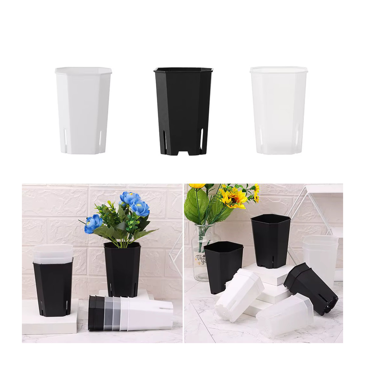 5er Set quadratische Blumentöpfe aus Kunststoff mit seitlicher Öffnung für Sukkulenten in Weiß und Transparent - Bild 4