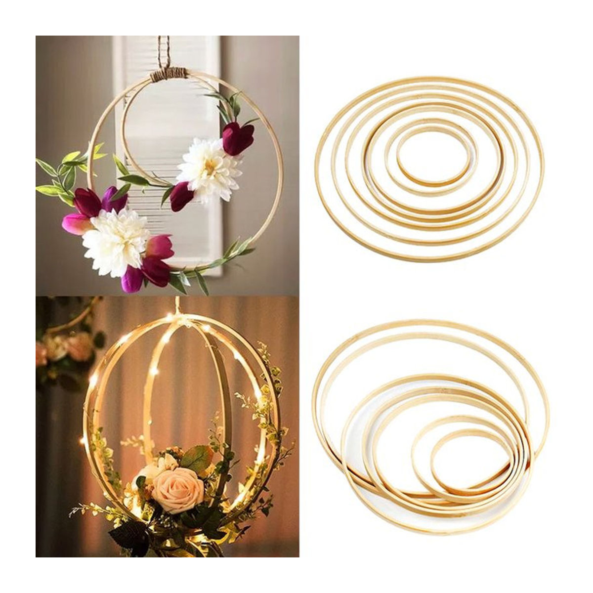5er Set runde Blumenreifen aus natürlichem Bambus und Rattan in Braun und Beige für DIY Hochzeitskranz Dekoration, Durchmesser: 9 bis 30 cm - Bild 1