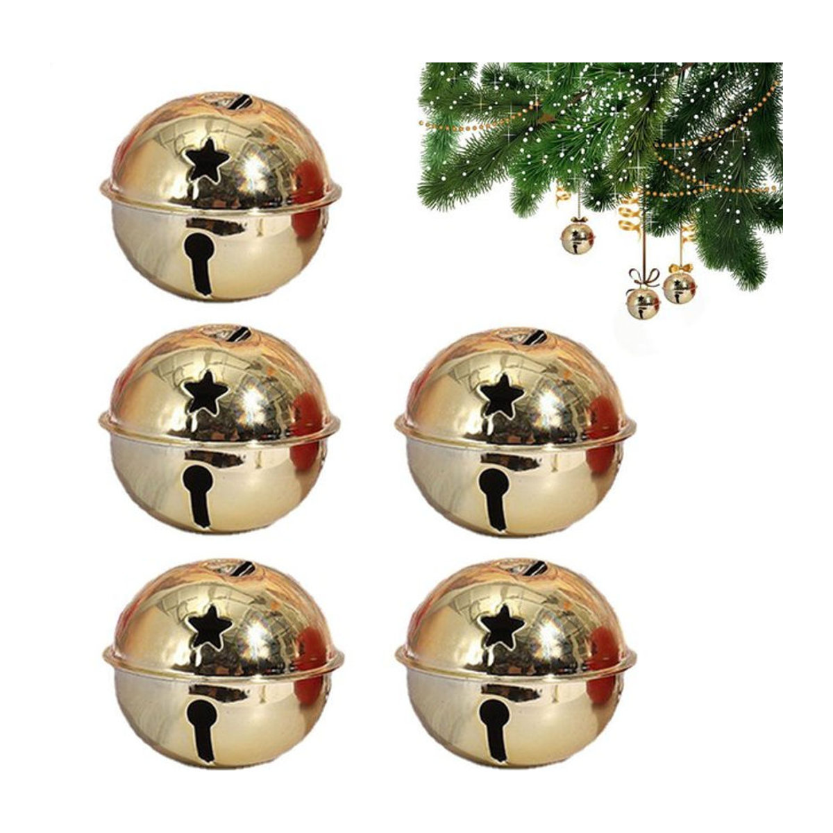 5er-Set rustikale Weihnachtsglocken aus Metall in Rot und Gold als Hängeornamente für Baum und DIY-Dekoration - Bild 1
