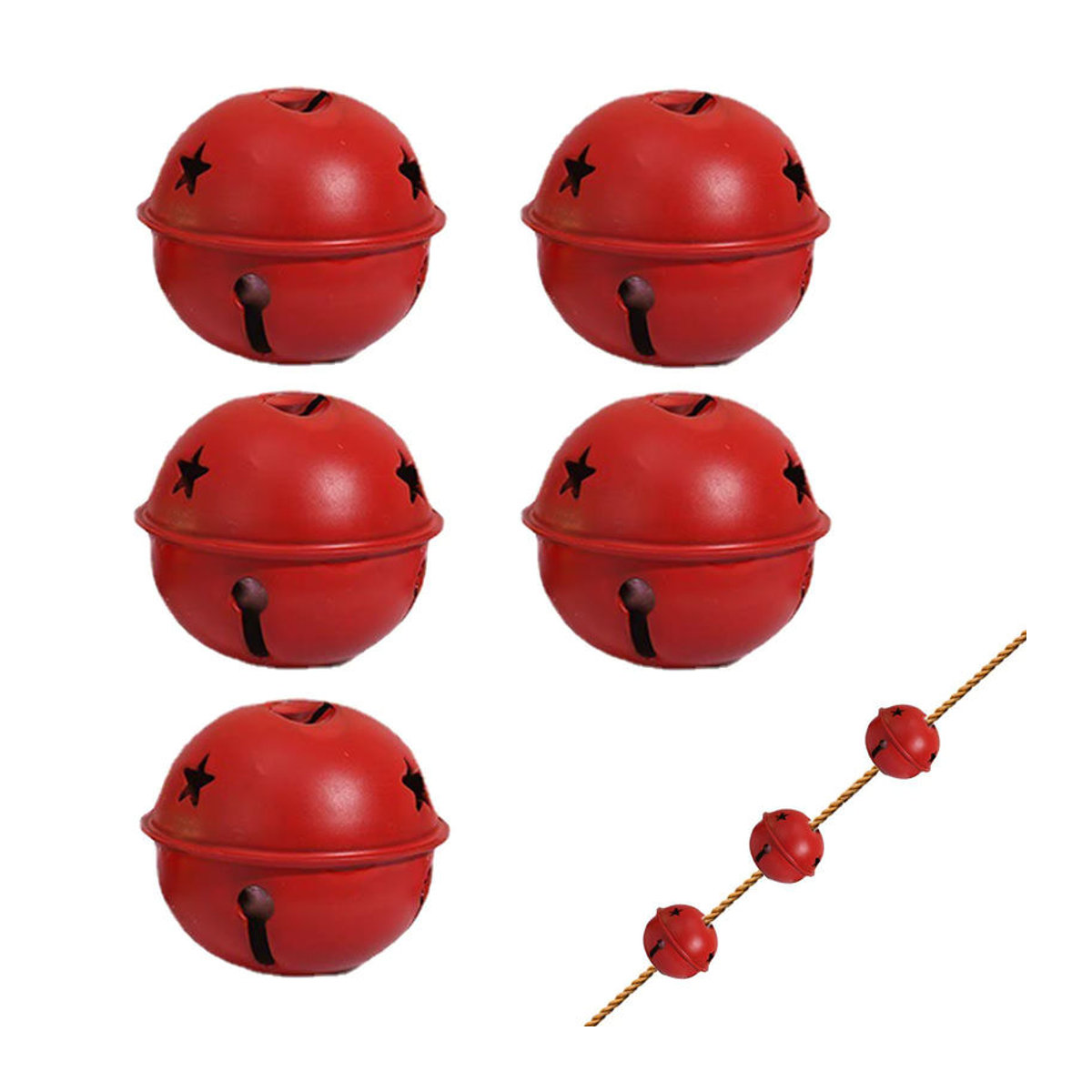 5er-Set rustikale Weihnachtsglocken aus Metall in Rot und Gold als Hängeornamente für Baum und DIY-Dekoration - Bild 3