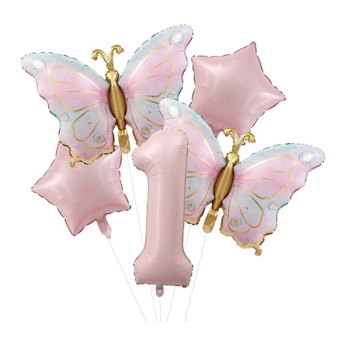 5er Set Schmetterling Geburtstagsballons in Rosa und Gold mit Zahlen 0-9 für Babyparty und Geburtstag, Folienballons 101,6 cm - Bild 1