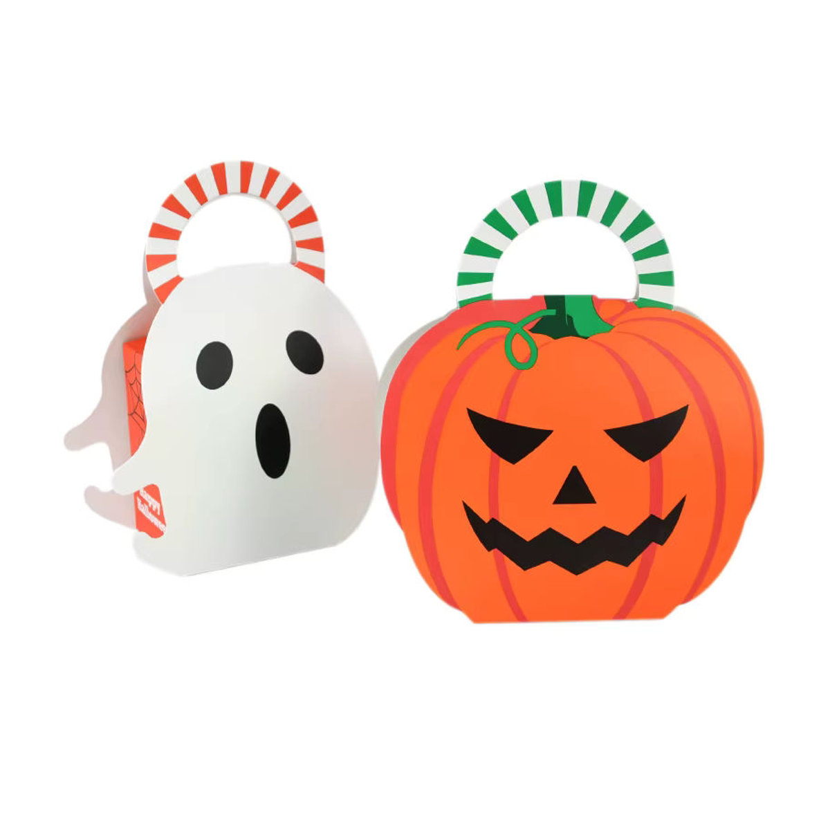 5er Set ZQNYCY Halloween Leckerli-Boxen aus Papier in Kürbis- und Geisterform mit gestreiften Griffen, mehrfarbig - Bild 2