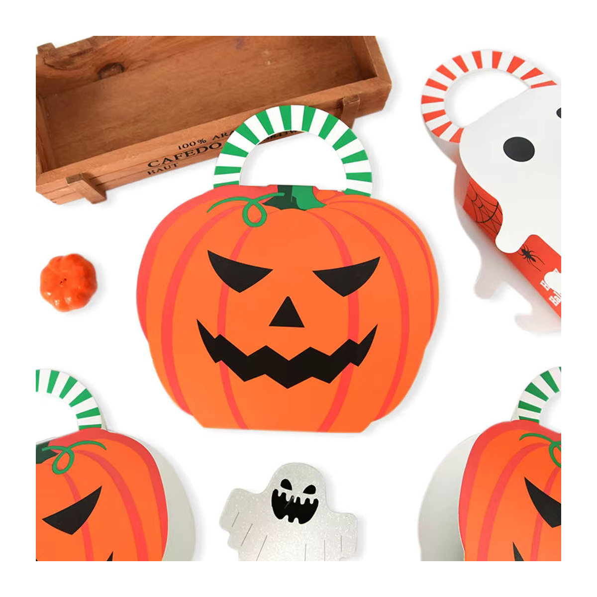 5er Set ZQNYCY Halloween Leckerli-Boxen aus Papier in Kürbis- und Geisterform mit gestreiften Griffen, mehrfarbig - Bild 4