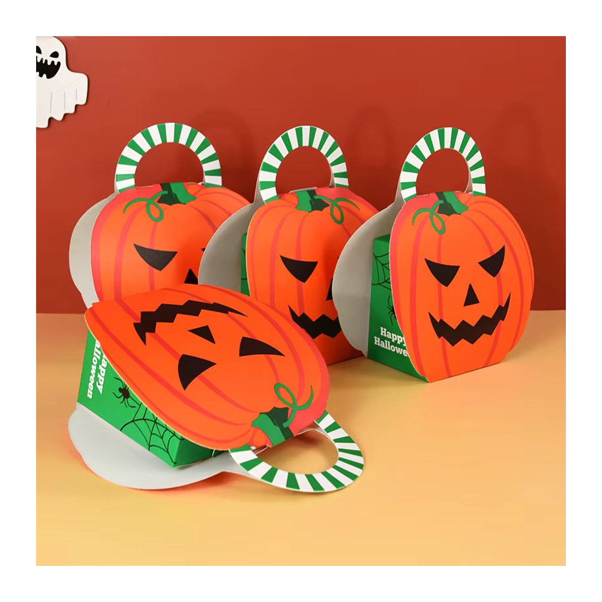 5er Set ZQNYCY Halloween Leckerli-Boxen aus Papier in Kürbis- und Geisterform mit gestreiften Griffen, mehrfarbig - Bild 5