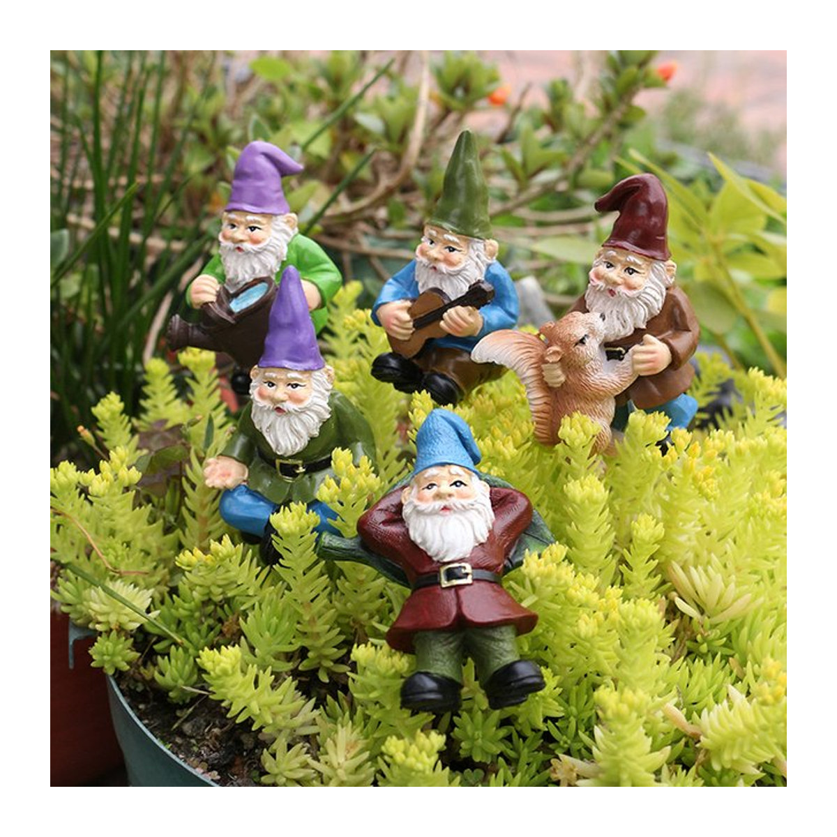 5er Set Zwergen-Figuren aus Kunstharz in Bunt als dekorative Statuen und Blumentopf-Einsätze für den Außenbereich - Bild 1