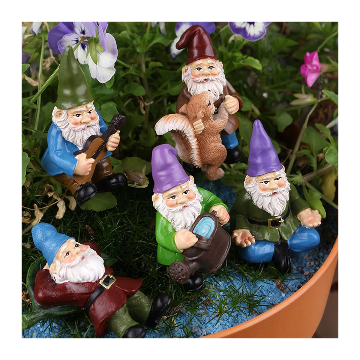 5er Set Zwergen-Figuren aus Kunstharz in Bunt als dekorative Statuen und Blumentopf-Einsätze für den Außenbereich - Bild 2