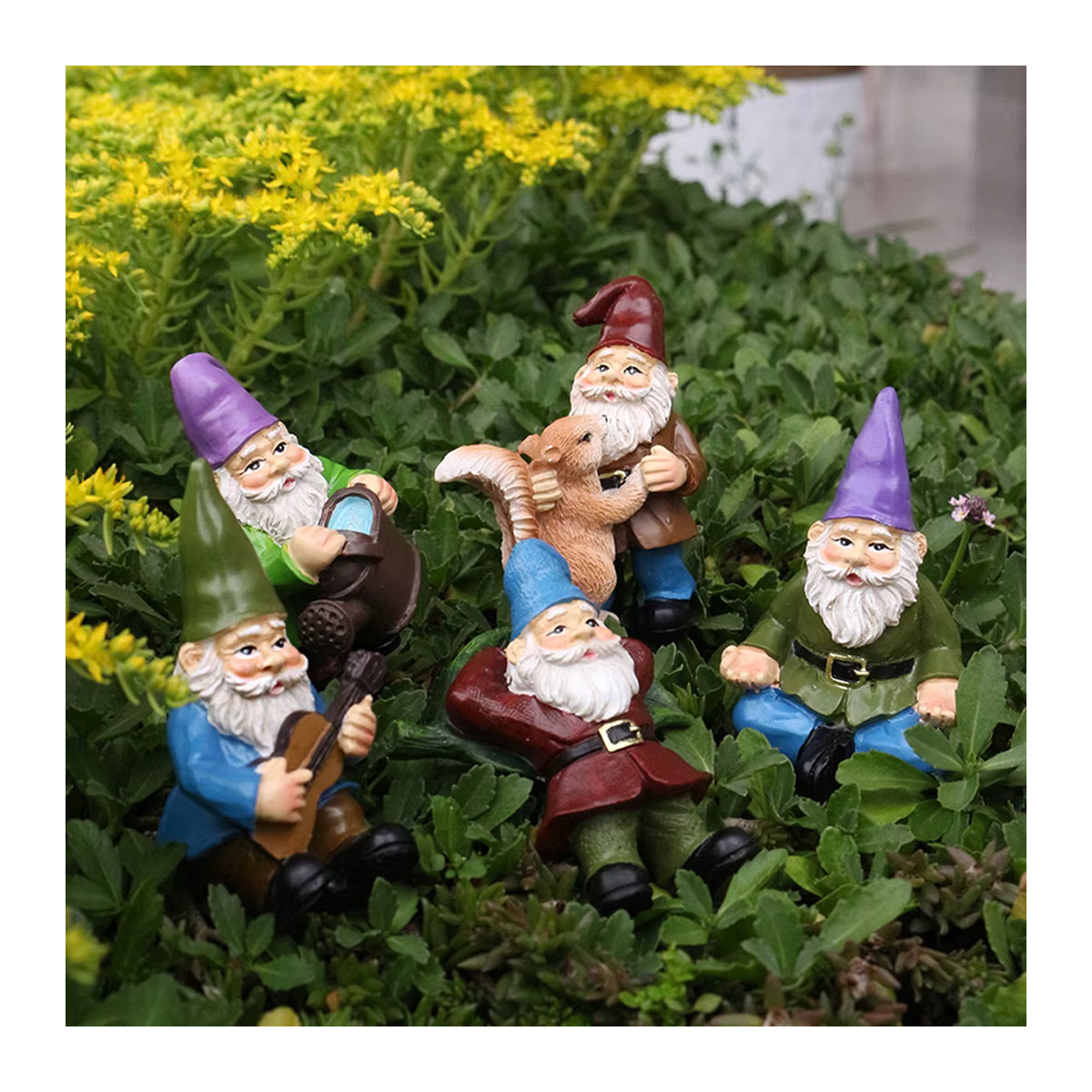5er Set Zwergen-Figuren aus Kunstharz in Bunt als dekorative Statuen und Blumentopf-Einsätze für den Außenbereich - Bild 3