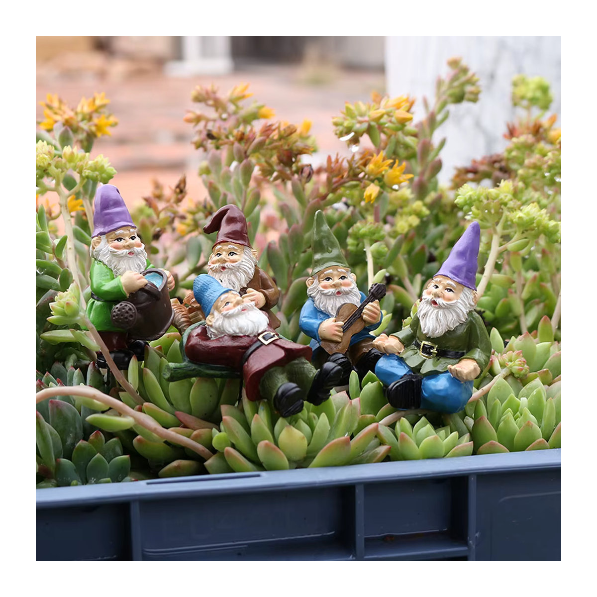 5er Set Zwergen-Figuren aus Kunstharz in Bunt als dekorative Statuen und Blumentopf-Einsätze für den Außenbereich - Bild 4