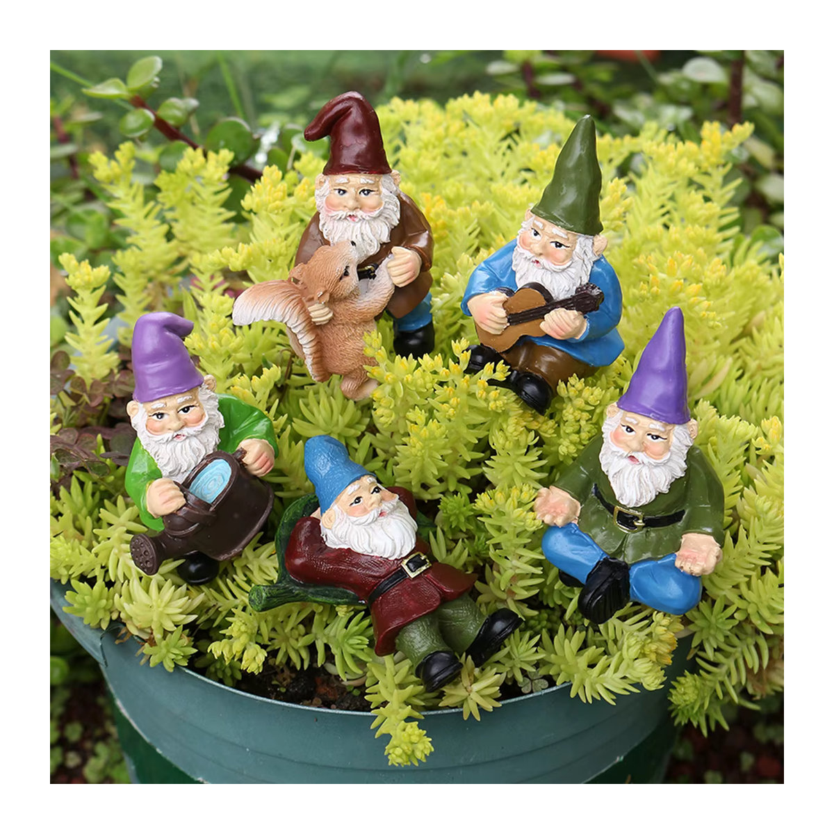 5er Set Zwergen-Figuren aus Kunstharz in Bunt als dekorative Statuen und Blumentopf-Einsätze für den Außenbereich - Bild 5
