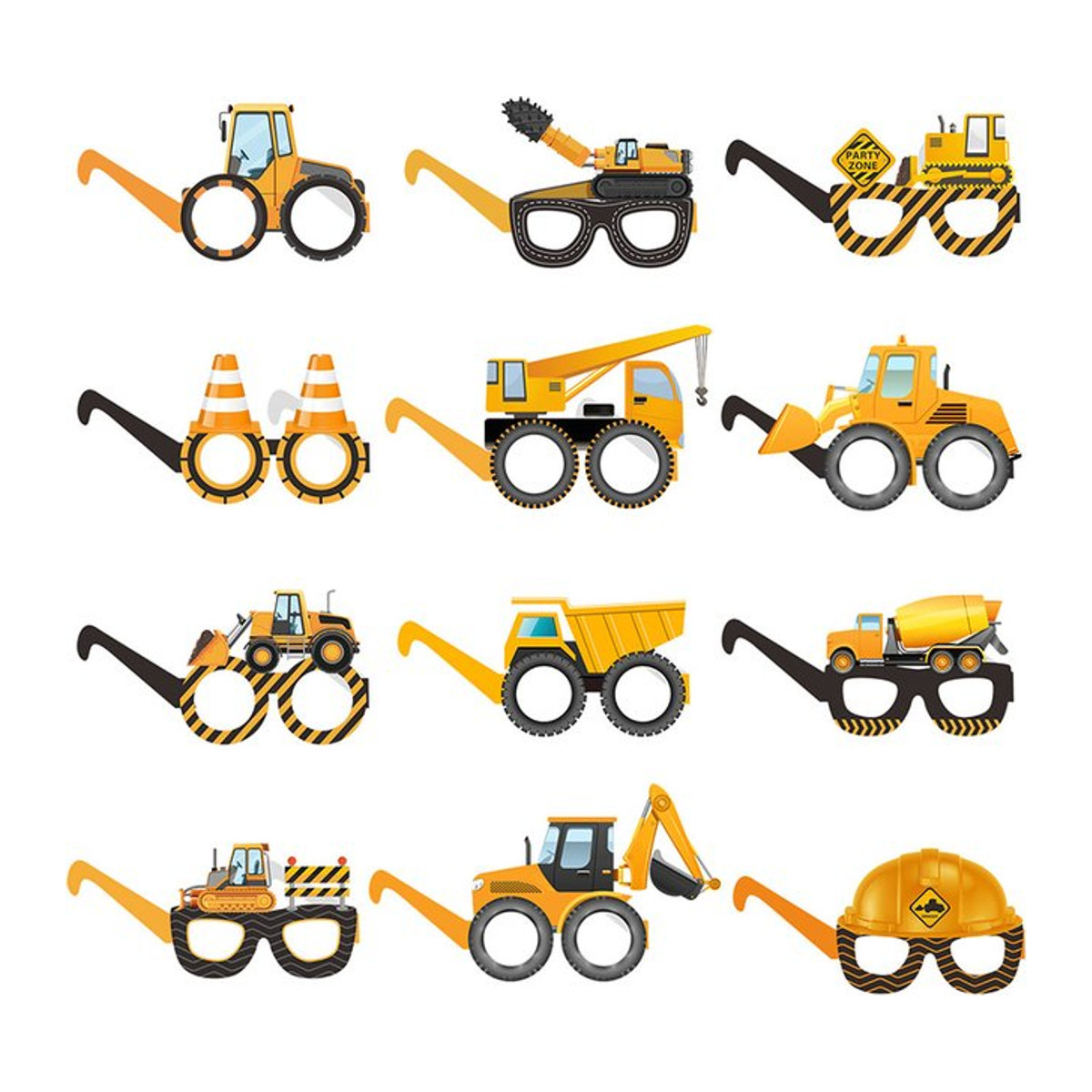 6 oder 12 Stück Fotoautomaten Requisiten aus Papier mit Bau-Motiven wie Bagger, Lkw und Traktor in Gelb für deine Kindergeburtstags-Party Dekoration - Bild 1